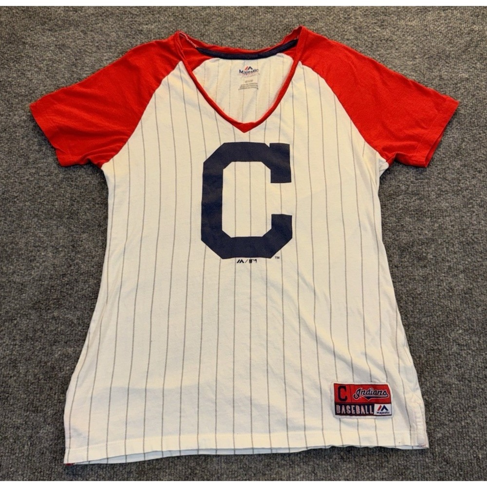 Majestic Cleveland Indians Pinstripe V Neck Shirt Women's Size Medium White Red